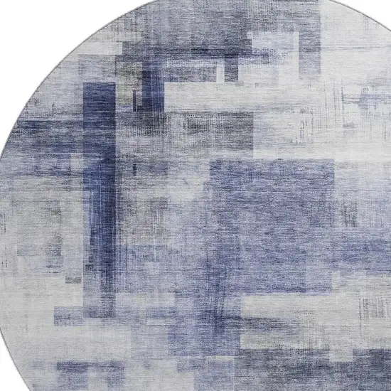 8' Denim Blue And Ivory Abstract Geometric Washable Round Rug With UV Protection Photo 2
