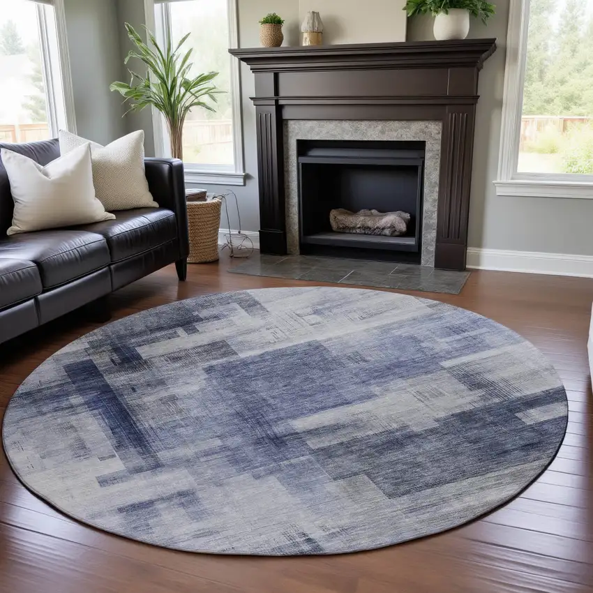 8' Denim Blue And Ivory Abstract Geometric Washable Round Rug With UV Protection Photo 4
