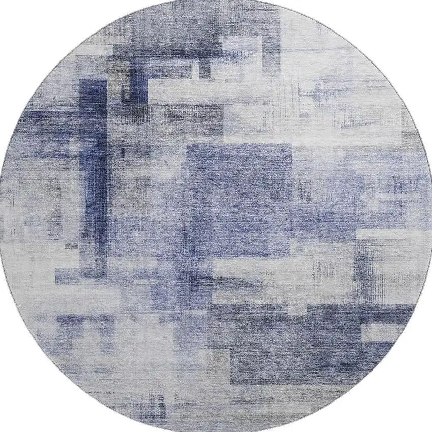 8' Denim Blue And Ivory Abstract Geometric Washable Round Rug With UV Protection Photo 3