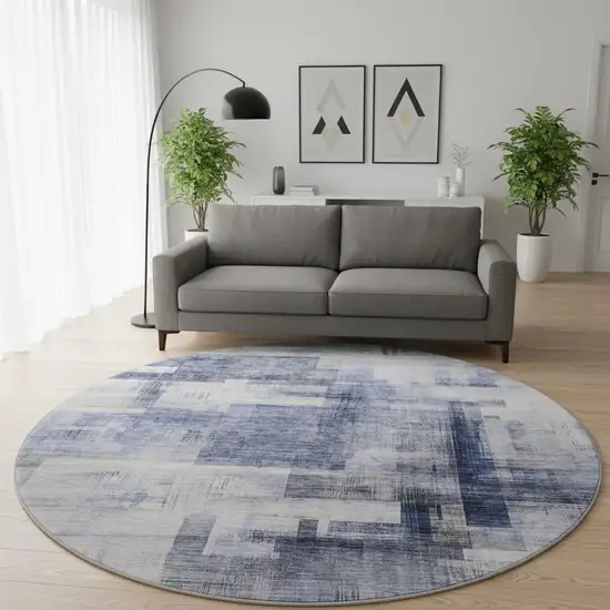 8' Denim Blue And Ivory Abstract Geometric Washable Round Rug With UV Protection Photo 2