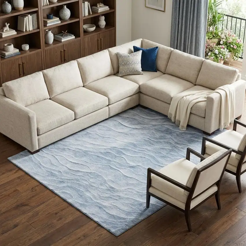 8' Denim Blue And Ivory Abstract Washable Area Rug With UV Protection Photo 1