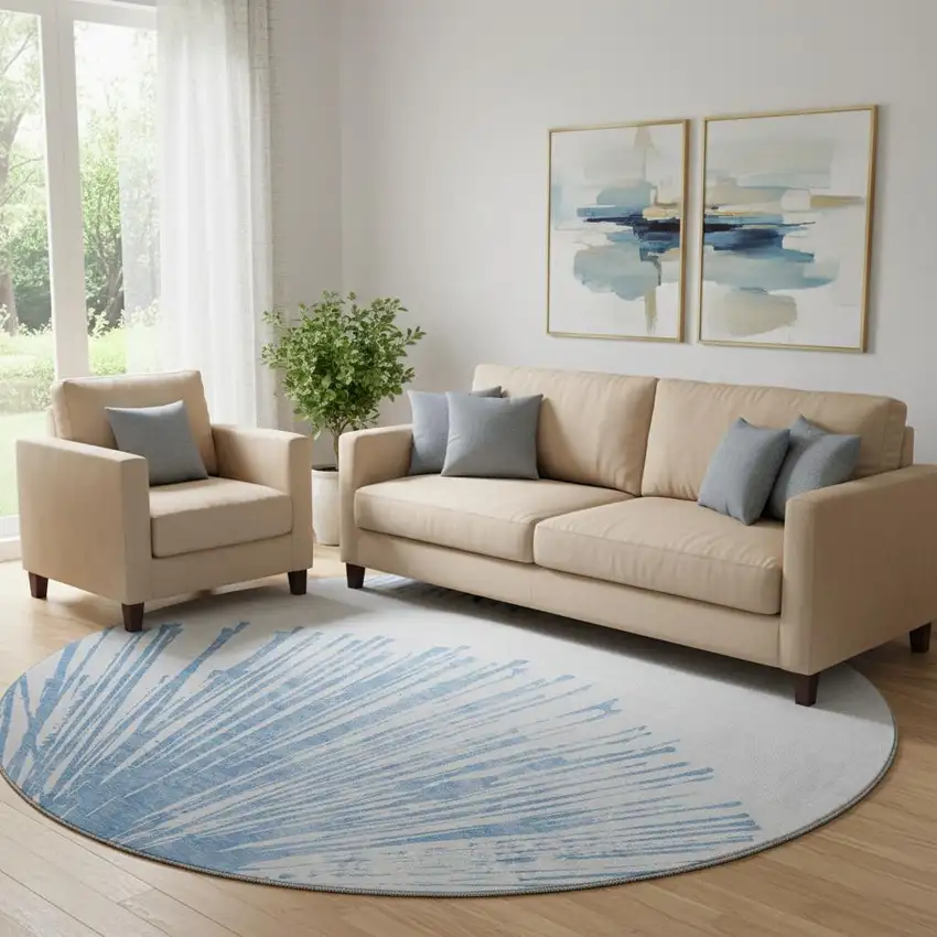 8' Denim Blue And Ivory Abstract Washable Round Rug With UV Protection Photo 1