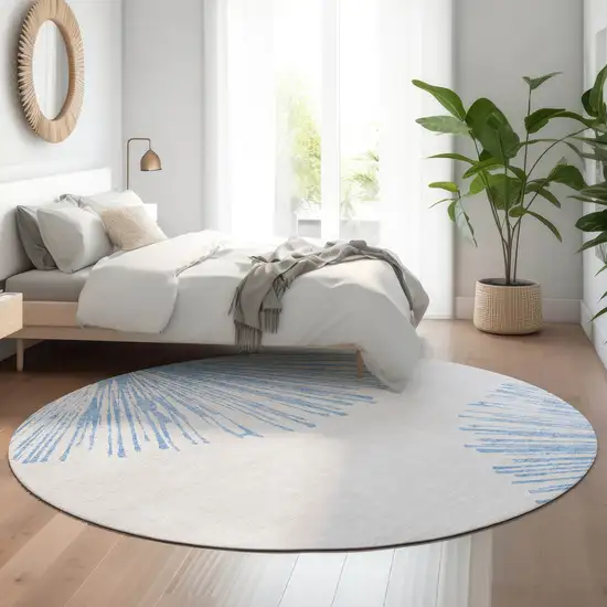 8' Denim Blue And Ivory Abstract Washable Round Rug With UV Protection Photo 4