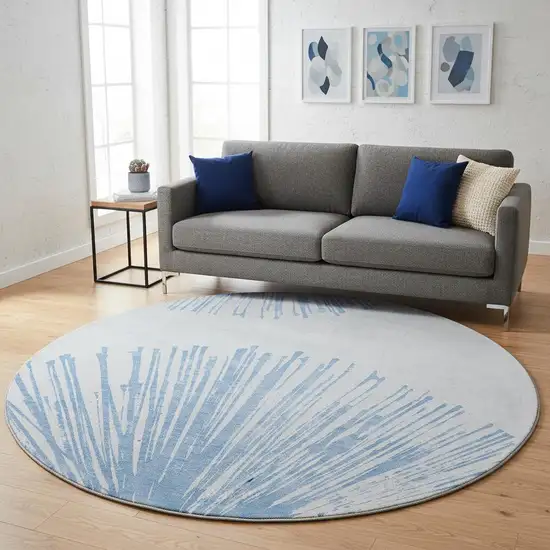 8' Denim Blue And Ivory Abstract Washable Round Rug With UV Protection Photo 2