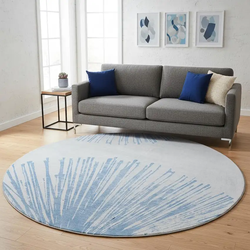 8' Denim Blue And Ivory Abstract Washable Round Rug With UV Protection Photo 2
