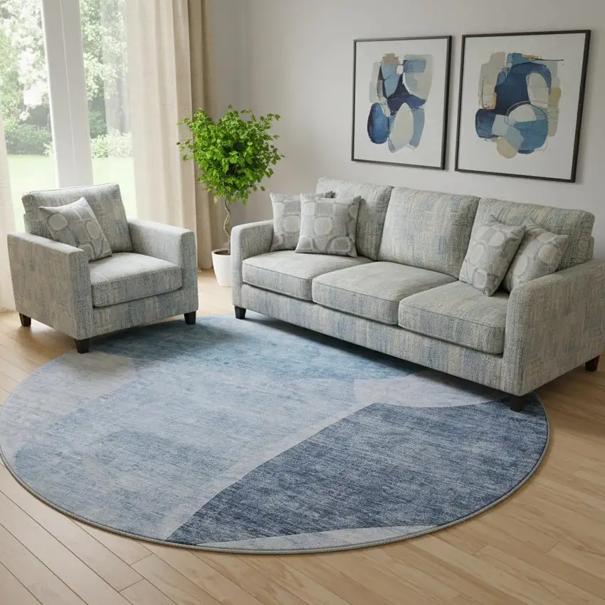 8' Denim Blue And Ivory Abstract Washable Round Rug With UV Protection Photo 1