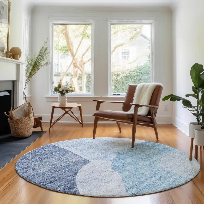 8' Denim Blue And Ivory Abstract Washable Round Rug With UV Protection Photo 4