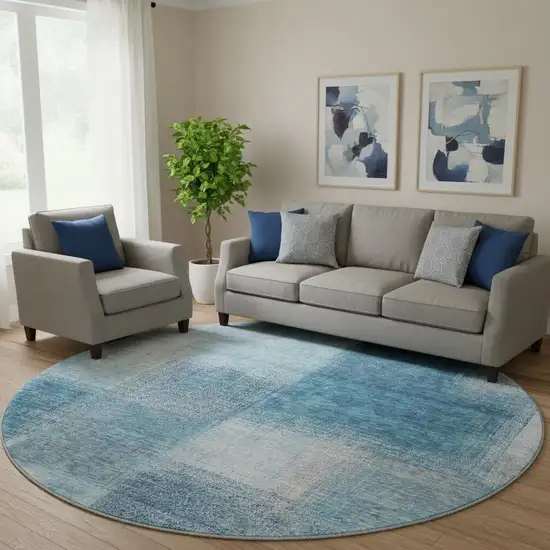 8' Denim Blue And Ivory Abstract Washable Round Rug With UV Protection Photo 1