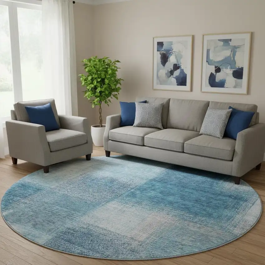 8' Denim Blue And Ivory Abstract Washable Round Rug With UV Protection Photo 1