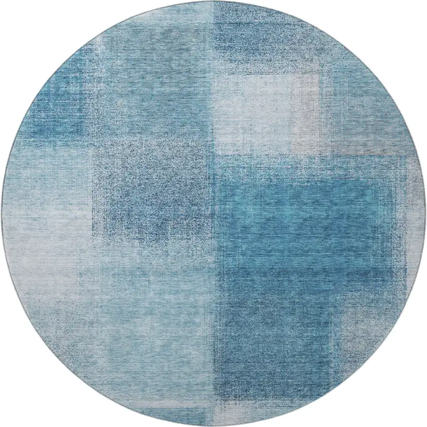 8' Denim Blue And Ivory Abstract Washable Round Rug With UV Protection Photo 3