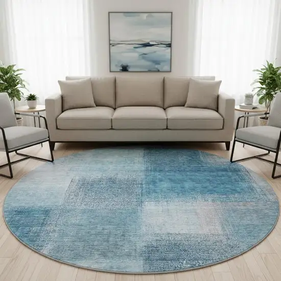 8' Denim Blue And Ivory Abstract Washable Round Rug With UV Protection Photo 2