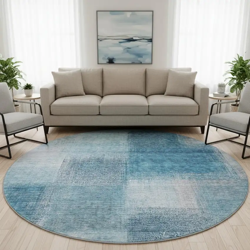 8' Denim Blue And Ivory Abstract Washable Round Rug With UV Protection Photo 2