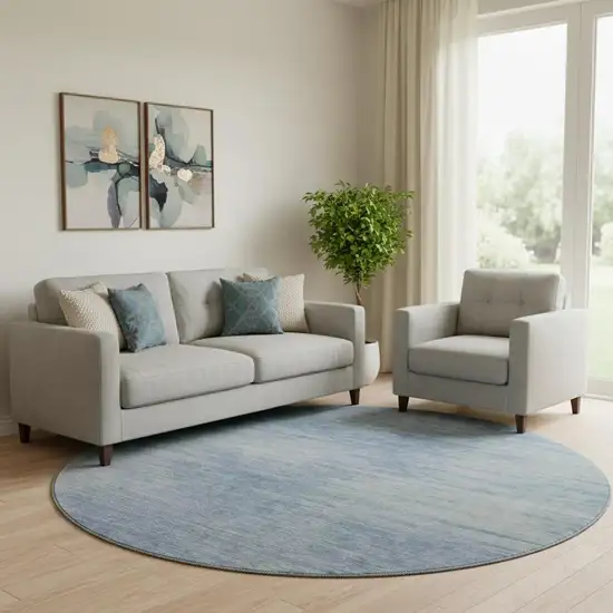 8' Denim Blue And Ivory Abstract Washable Round Rug With UV Protection Photo 1