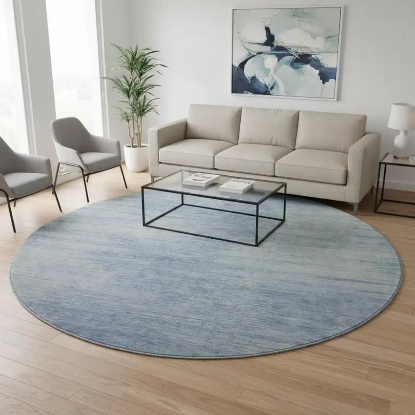 8' Denim Blue And Ivory Abstract Washable Round Rug With UV Protection Photo 2