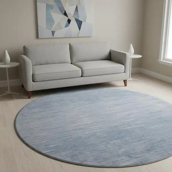 8' Denim Blue And Ivory Abstract Washable Round Rug With UV Protection Photo 2