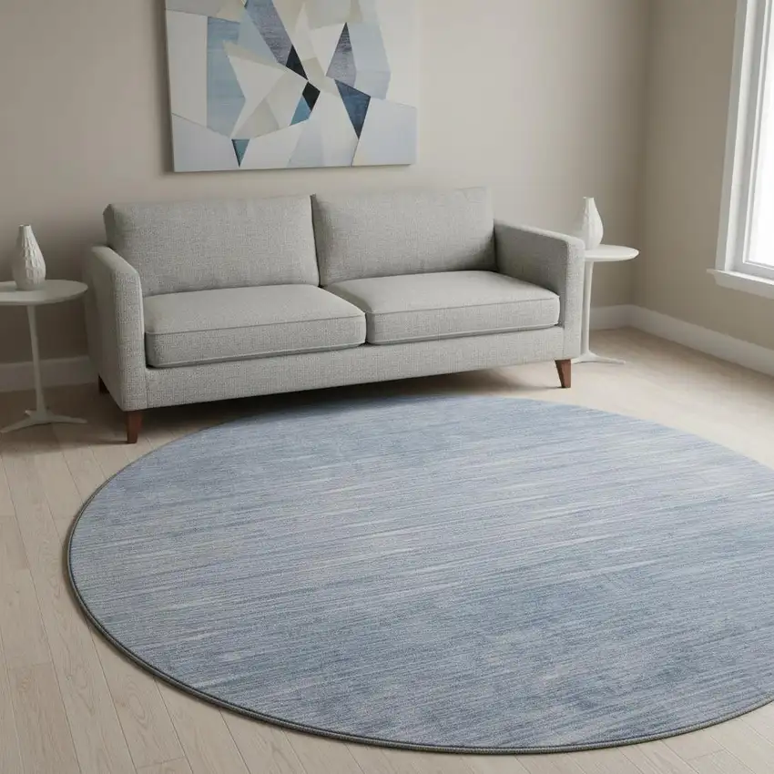 8' Denim Blue And Ivory Abstract Washable Round Rug With UV Protection Photo 2