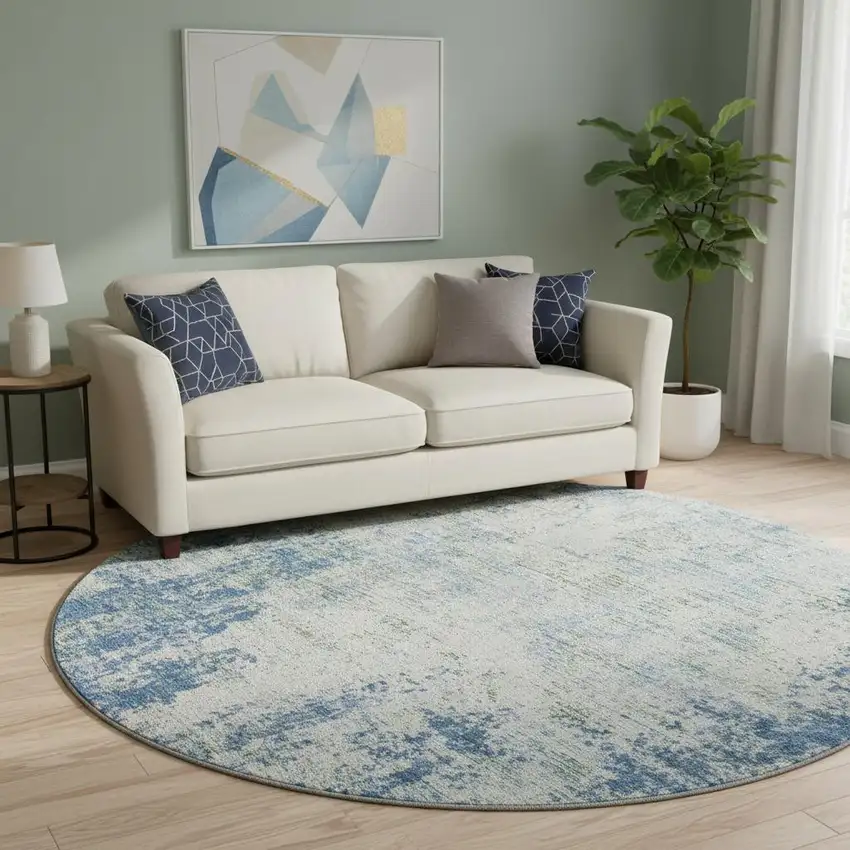 8' Denim Blue And Ivory Abstract Washable Round Rug With UV Protection Photo 2