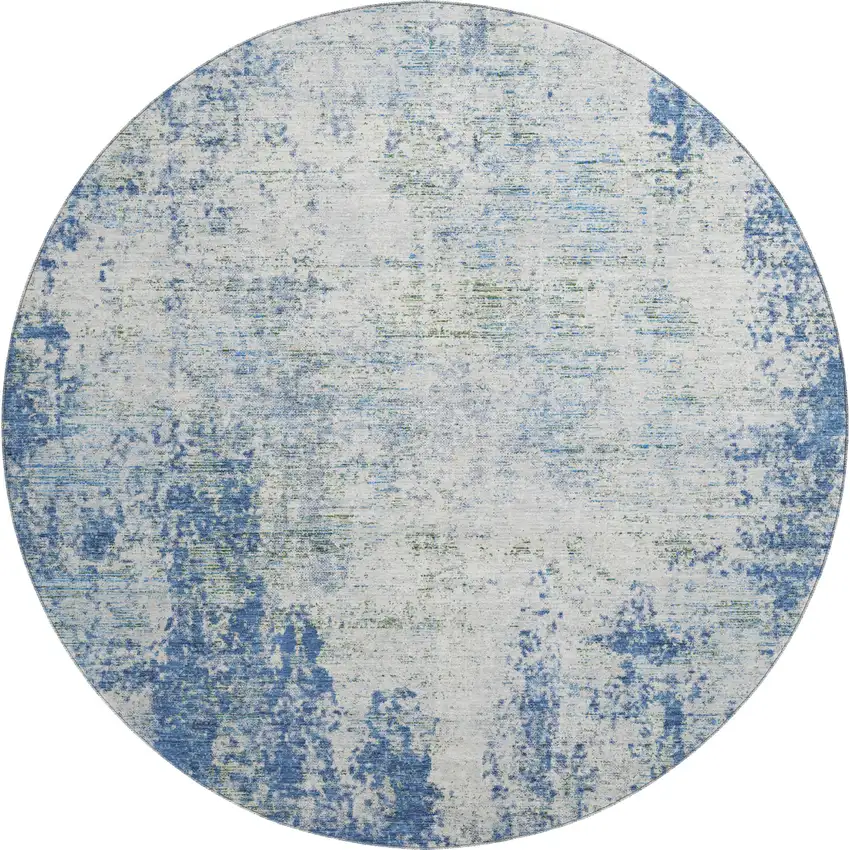 8' Denim Blue And Ivory Abstract Washable Round Rug With UV Protection Photo 1