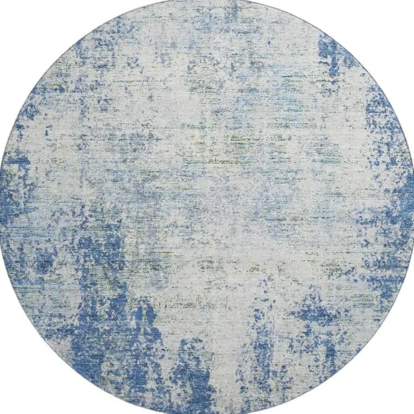 8' Denim Blue And Ivory Abstract Washable Round Rug With UV Protection Photo 3
