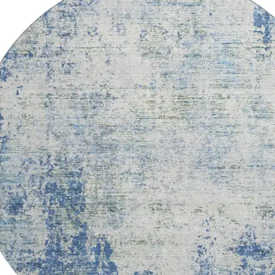 8' Denim Blue And Ivory Abstract Washable Round Rug With UV Protection Photo 2