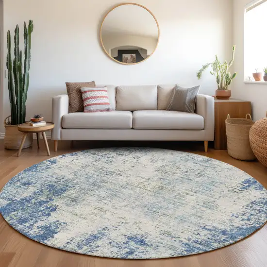 8' Denim Blue And Ivory Abstract Washable Round Rug With UV Protection Photo 4
