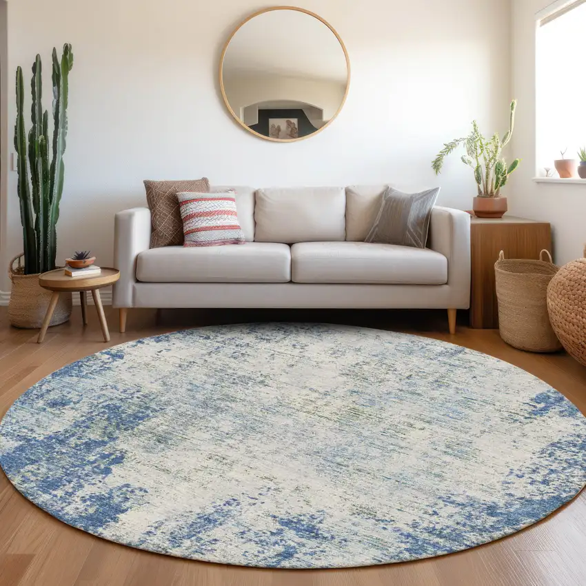 8' Denim Blue And Ivory Abstract Washable Round Rug With UV Protection Photo 4