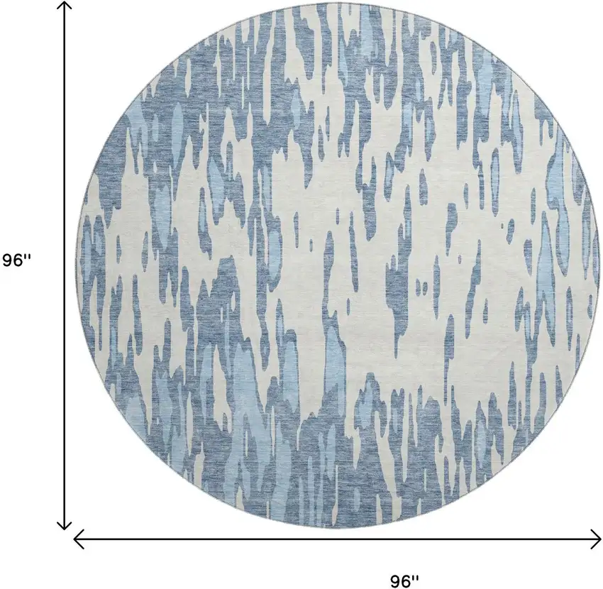 8' Denim Blue And Ivory Abstract Washable Round Rug With UV Protection Photo 8