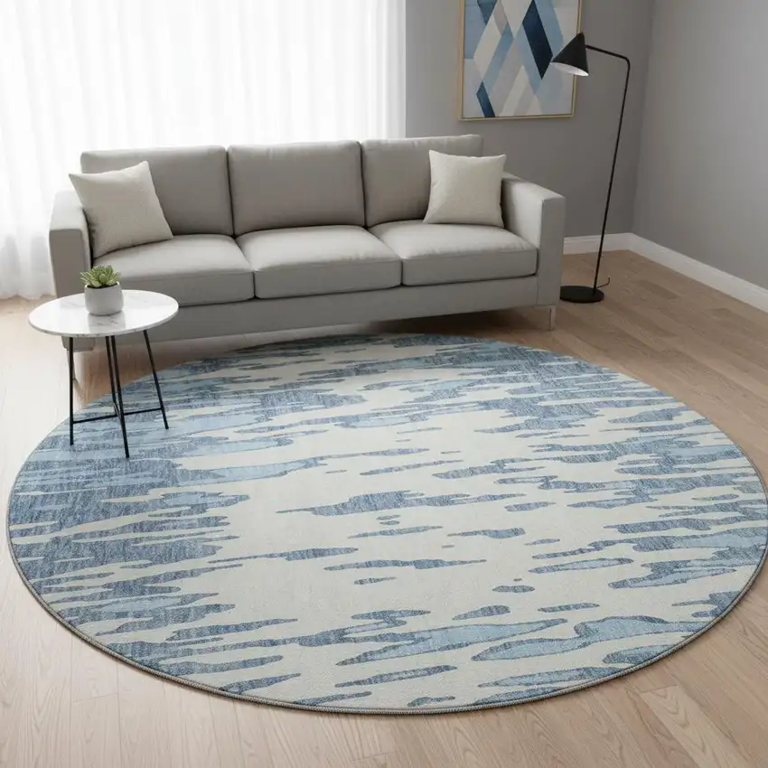 8' Denim Blue And Ivory Abstract Washable Round Rug With UV Protection Photo 1