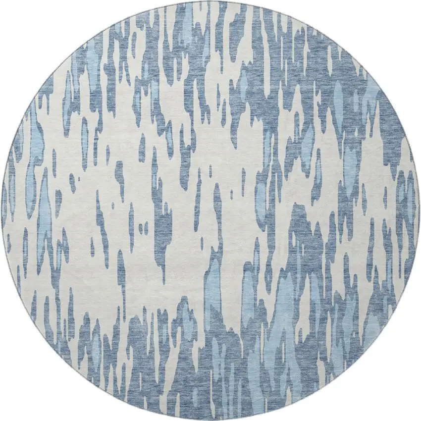 8' Denim Blue And Ivory Abstract Washable Round Rug With UV Protection Photo 2