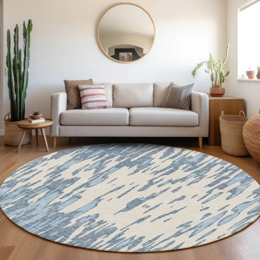 8' Denim Blue And Ivory Abstract Washable Round Rug With UV Protection Photo 3