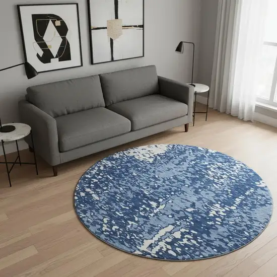 8' Denim Blue And Ivory Abstract Washable Round Rug With UV Protection Photo 2