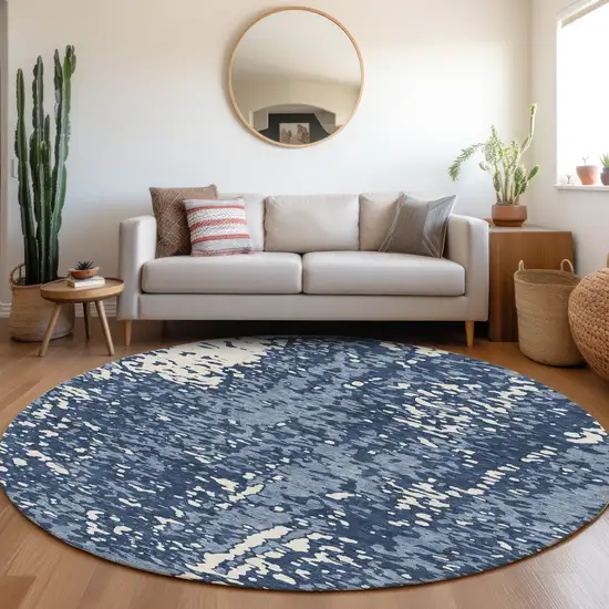 8' Denim Blue And Ivory Abstract Washable Round Rug With UV Protection Photo 4
