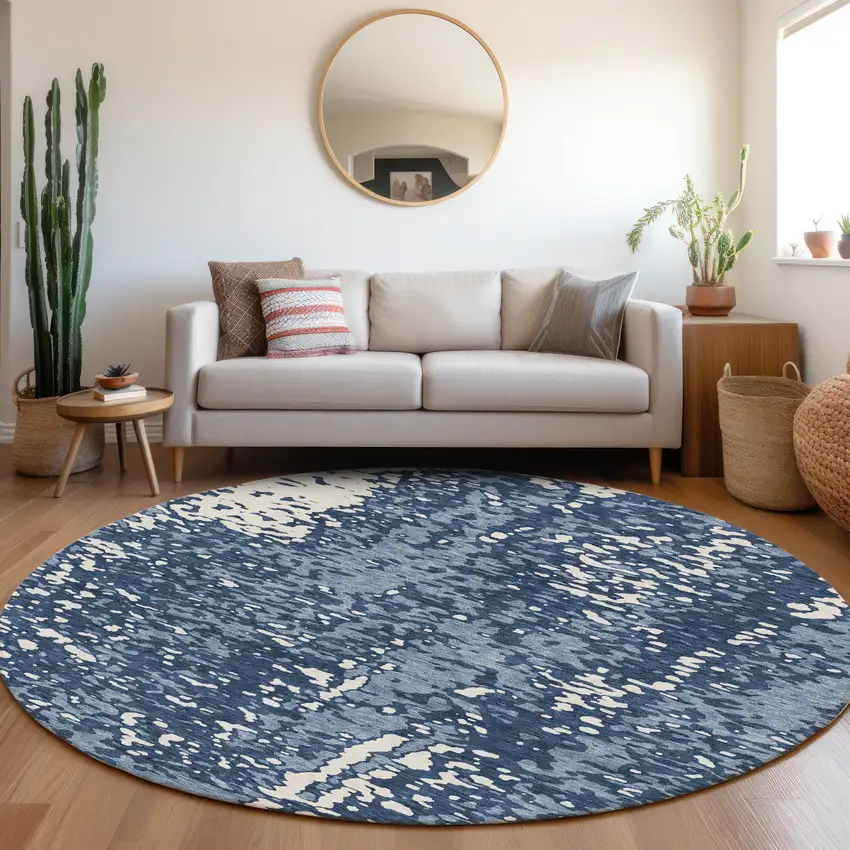 8' Denim Blue And Ivory Abstract Washable Round Rug With UV Protection Photo 4