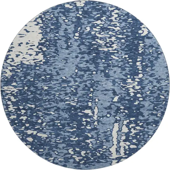 8' Denim Blue And Ivory Abstract Washable Round Rug With UV Protection Photo 1