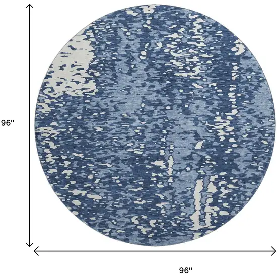 8' Denim Blue And Ivory Abstract Washable Round Rug With UV Protection Photo 9