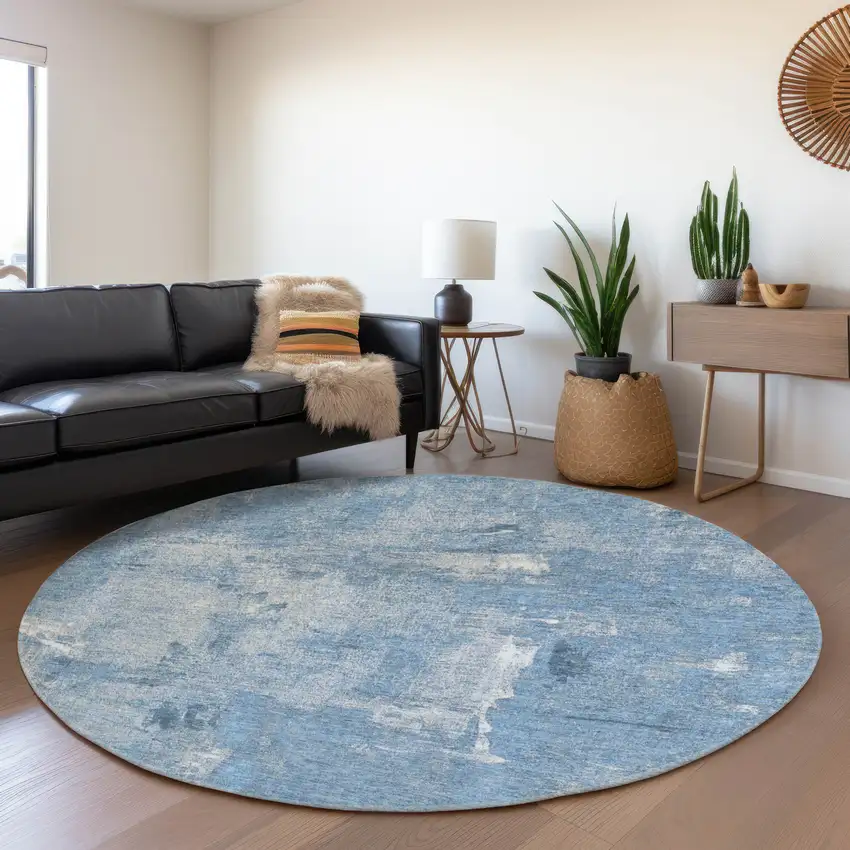 8' Denim Blue And Ivory Abstract Washable Round Rug With UV Protection Photo 4