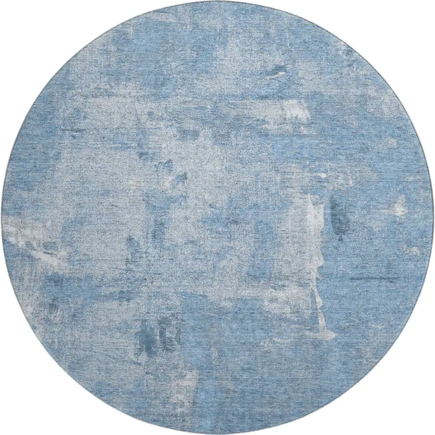 8' Denim Blue And Ivory Abstract Washable Round Rug With UV Protection Photo 1
