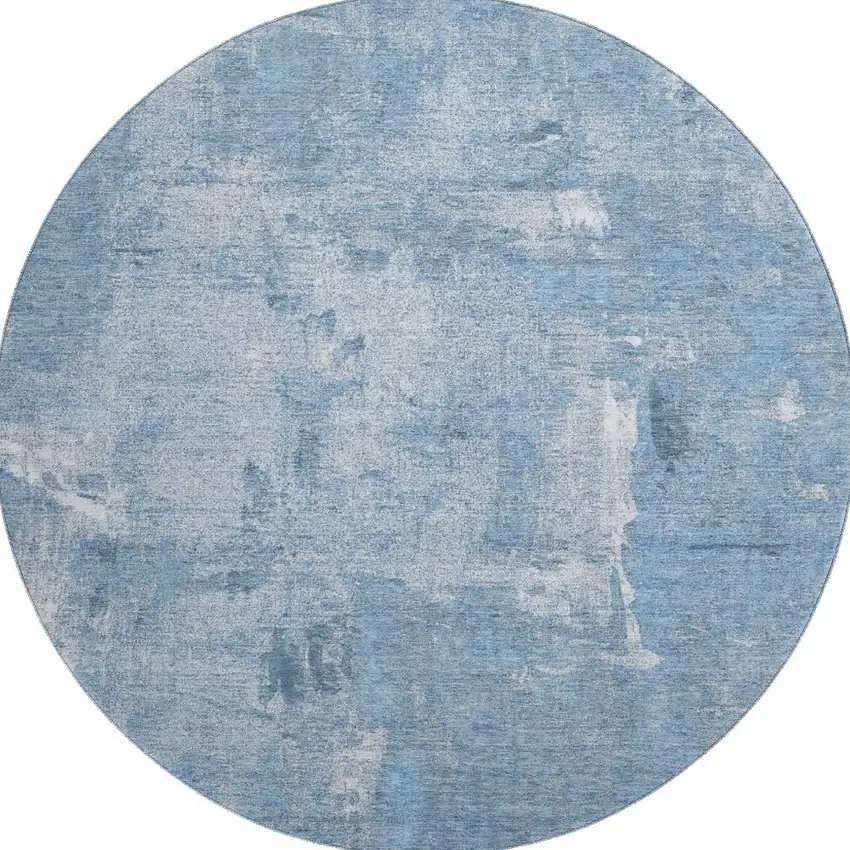 8' Denim Blue And Ivory Abstract Washable Round Rug With UV Protection Photo 2