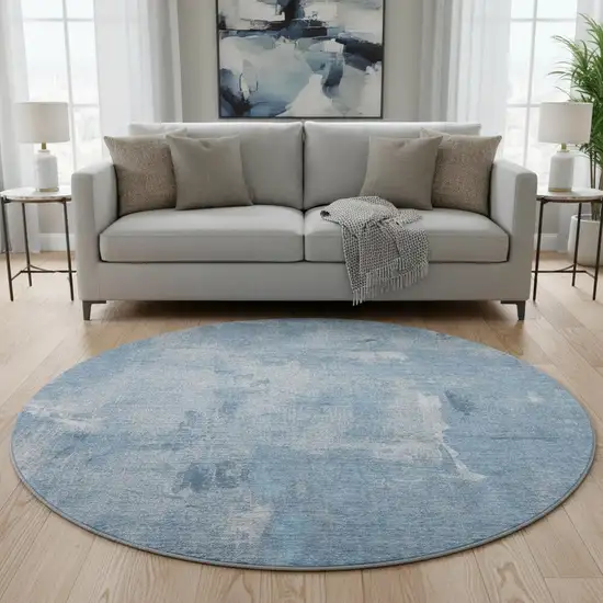 8' Denim Blue And Ivory Abstract Washable Round Rug With UV Protection Photo 2