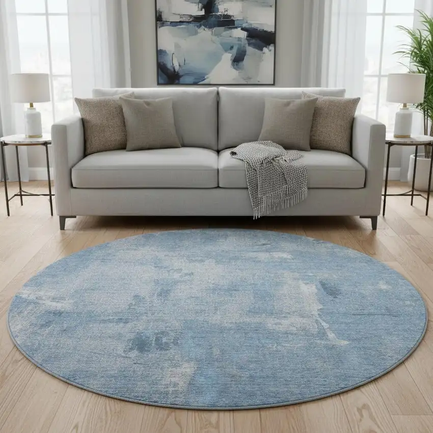 8' Denim Blue And Ivory Abstract Washable Round Rug With UV Protection Photo 2