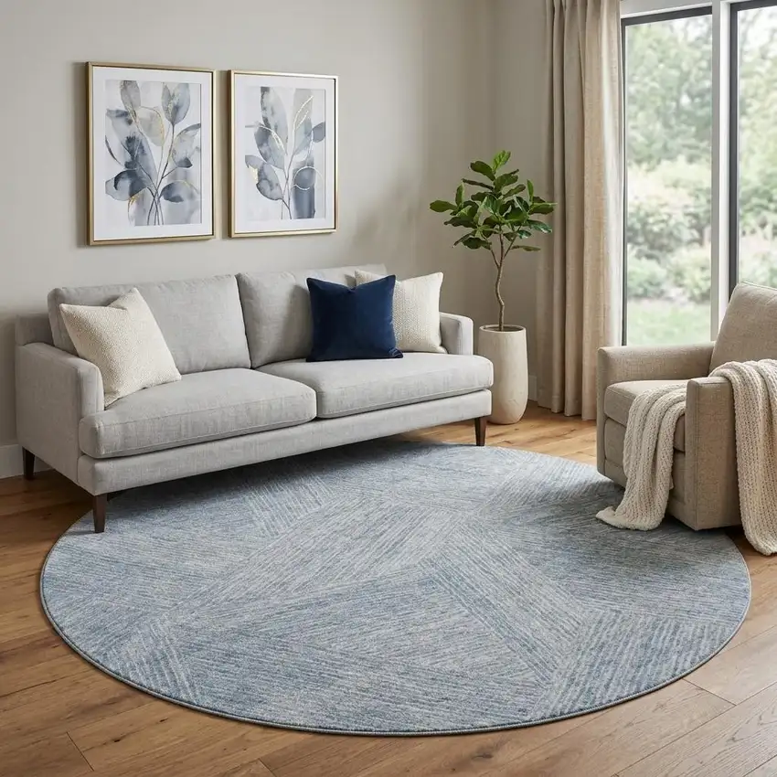 8' Denim Blue And Ivory Abstract Washable Round Rug With UV Protection Photo 1