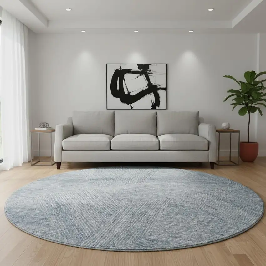 8' Denim Blue And Ivory Abstract Washable Round Rug With UV Protection Photo 2