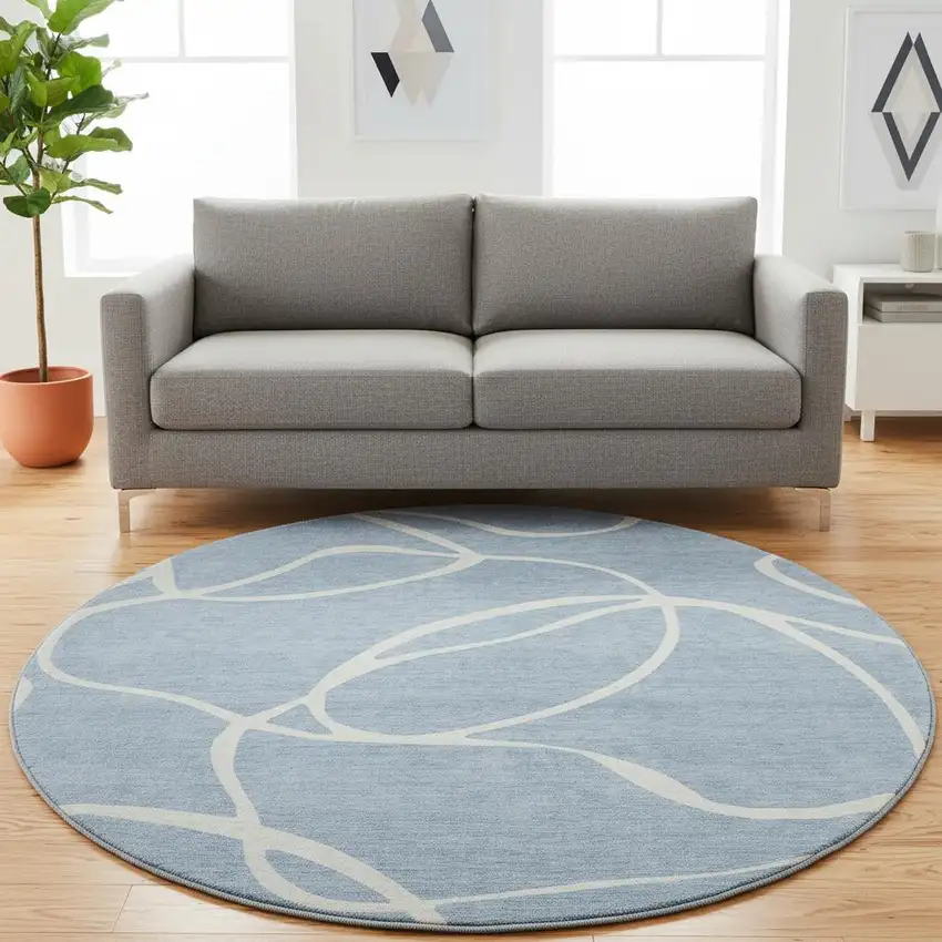 8' Denim Blue And Ivory Abstract Washable Round Rug With UV Protection Photo 2