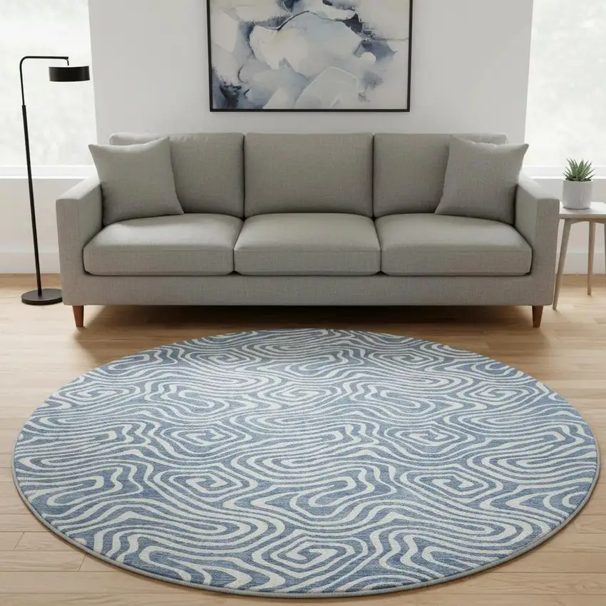 8' Denim Blue And Ivory Abstract Washable Round Rug With UV Protection Photo 2