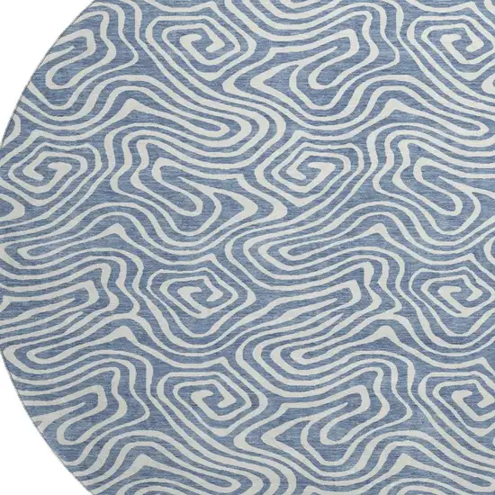 8' Denim Blue And Ivory Abstract Washable Round Rug With UV Protection Photo 3