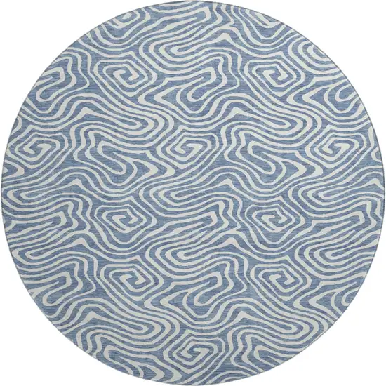 8' Denim Blue And Ivory Abstract Washable Round Rug With UV Protection Photo 1