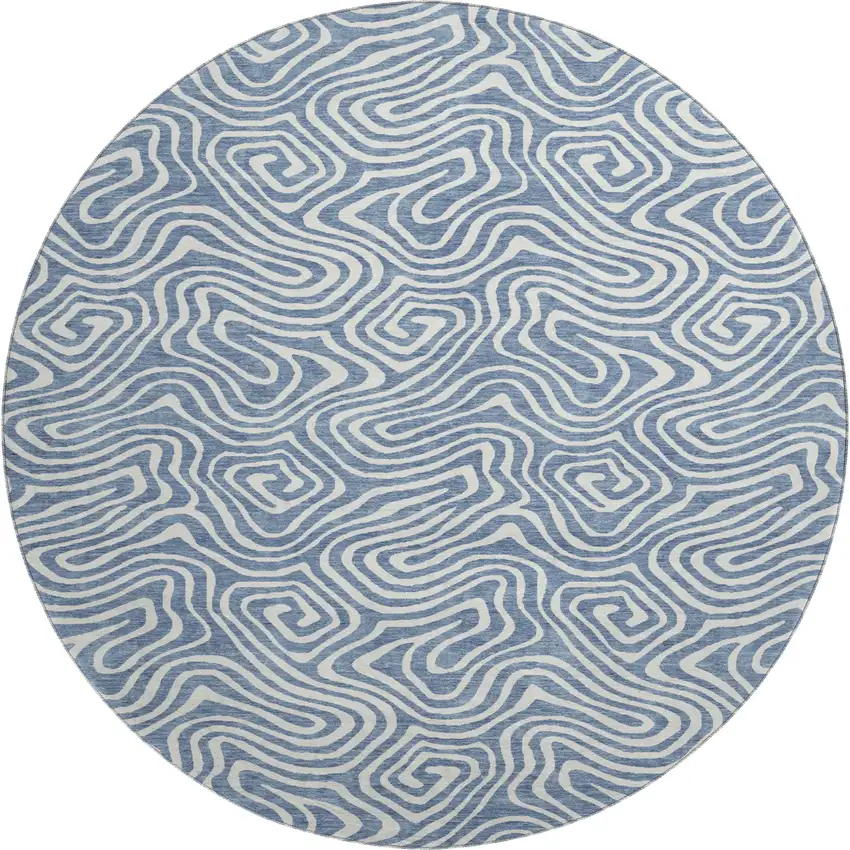 8' Denim Blue And Ivory Abstract Washable Round Rug With UV Protection Photo 1