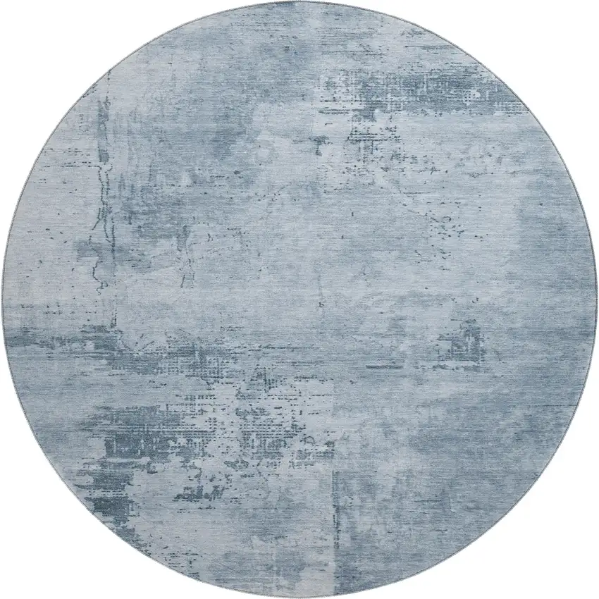 8' Denim Blue And Ivory Abstract Washable Round Rug With UV Protection Photo 1