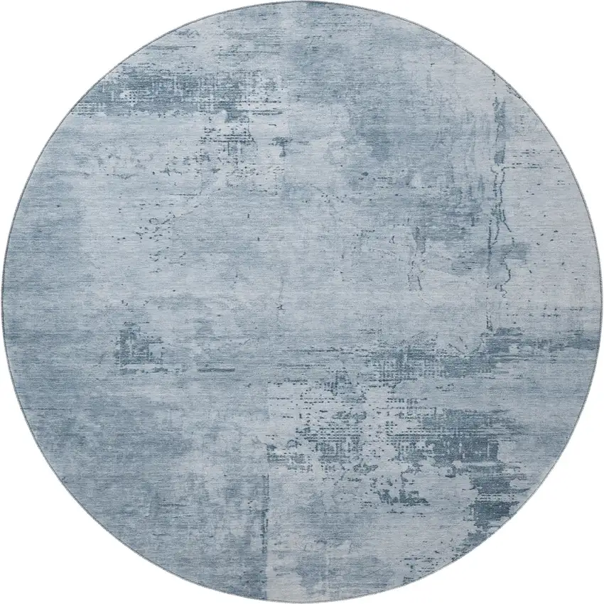 8' Denim Blue And Ivory Abstract Washable Round Rug With UV Protection Photo 2