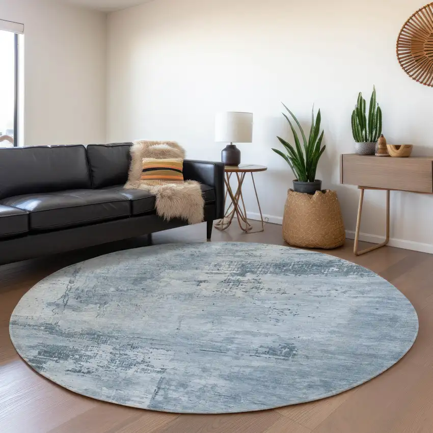 8' Denim Blue And Ivory Abstract Washable Round Rug With UV Protection Photo 3
